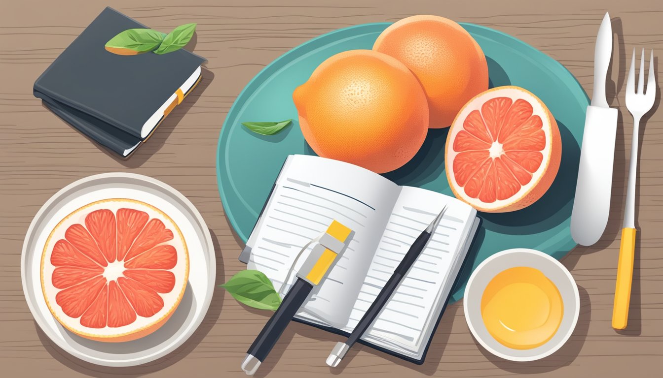 A halved grapefruit sits on a plate next to a keto-friendly meal, with a measuring tape and keto diet book nearby