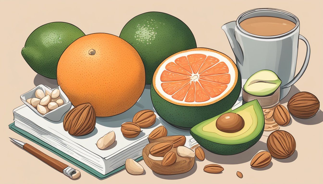 A bowl of grapefruits surrounded by keto-friendly foods like avocados and nuts. A keto diet book and measuring tape sit nearby