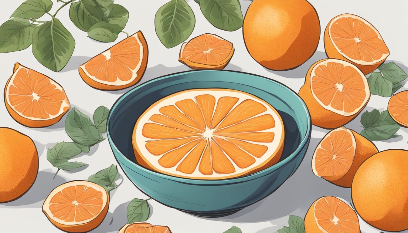 A bowl of grapefruits sits on a table, surrounded by keto-friendly foods. A question mark hovers over the grapefruits, indicating uncertainty