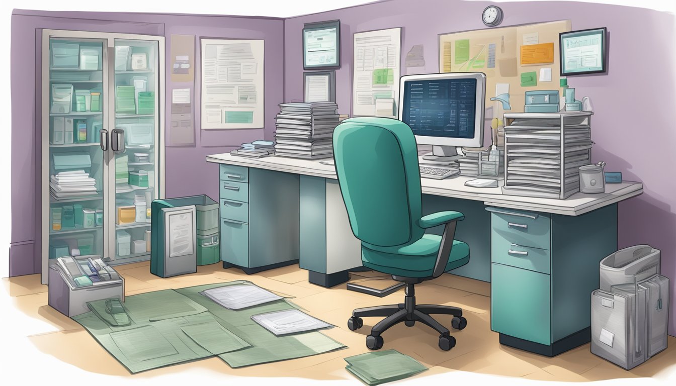 A doctor's office with a desk cluttered with medical files and a computer screen displaying "Treatment Options for Mold-Related Conditions."