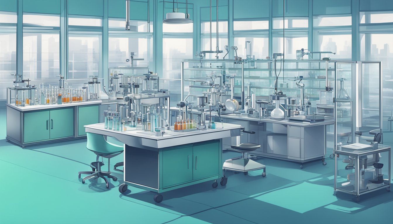 A laboratory setting with test tubes, microscopes, and scientific equipment, showcasing the study of autoimmune reactions and their clinical implications