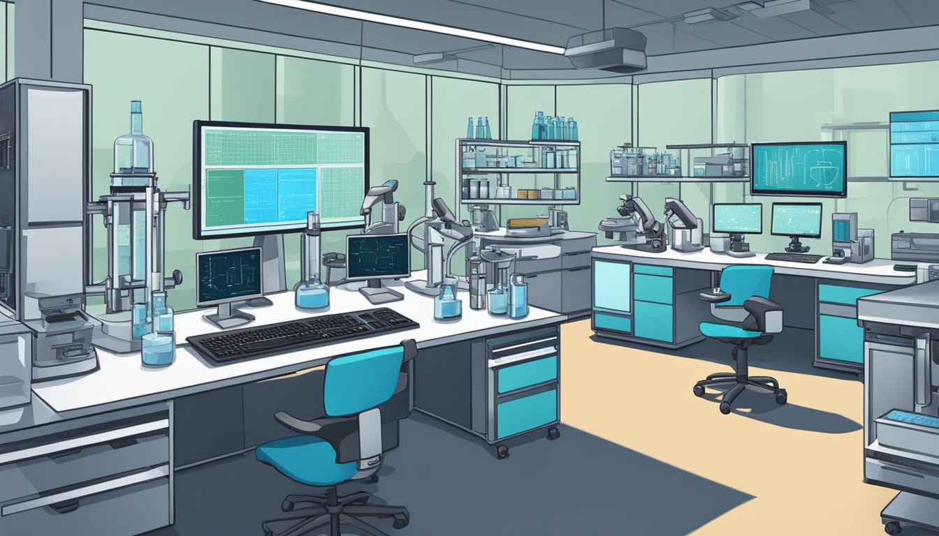 A laboratory setup with advanced equipment for immune response analysis, including microscopes, test tubes, and computer screens displaying data
