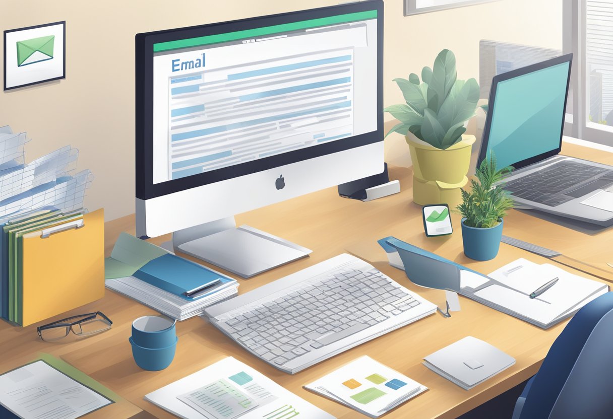 An office desk with a computer screen displaying an email inbox. A document titled "Legal Framework Governing Email Monitoring" is visible on the desk