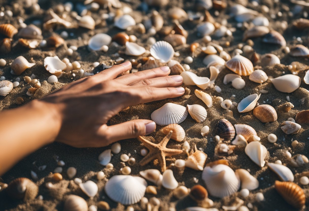 A beach with scattered seashells, a person's hand reaching down to pick one up