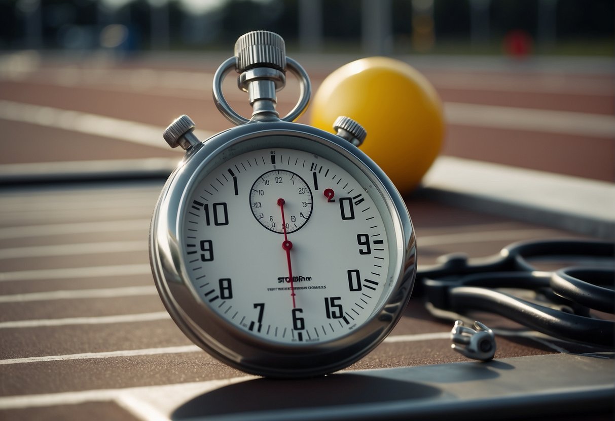 A stopwatch ticking at 21 minutes, running shoes on a track, and a training plan laid out on a clipboard