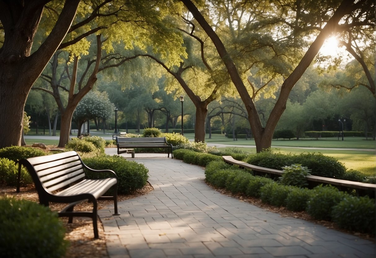 A serene park with a winding path, shaded by trees, and a peaceful resting area with a bench and water fountain