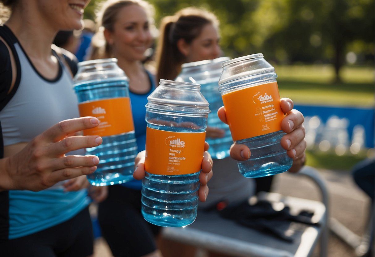 Runners drinking water and eating energy bars before and after a 5k race. Tables with water bottles and snacks. Timer set to 21 minutes