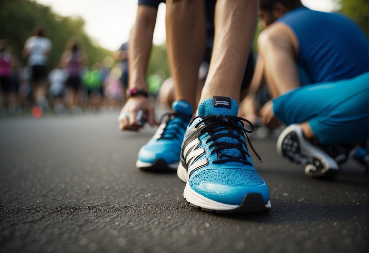 Runners lace up shoes, stretch, and hydrate before a 5k race