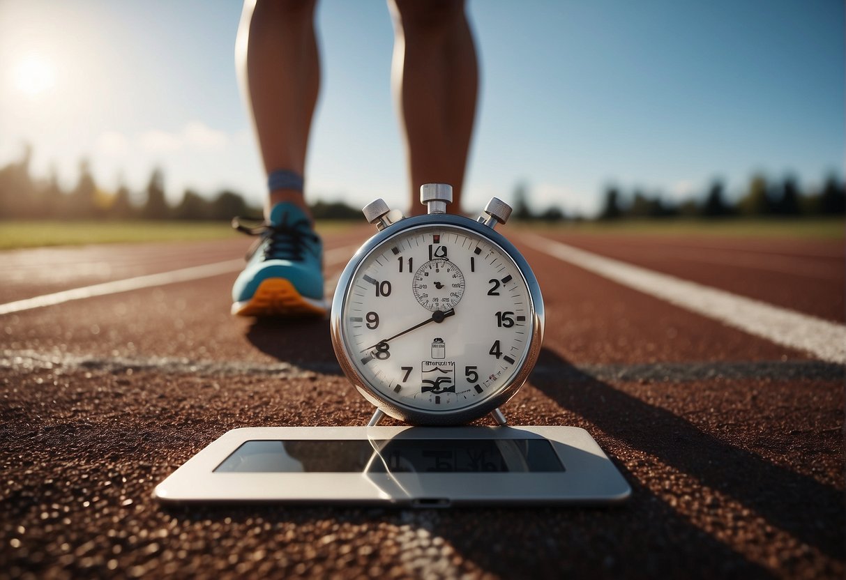 A stopwatch and running shoes on a track, with a training plan and resources spread out nearby