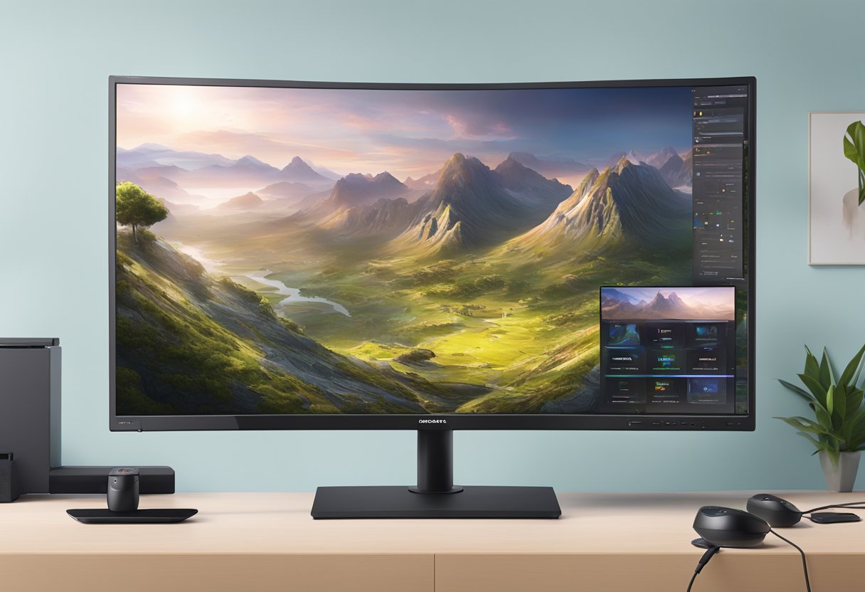 A monitor displaying a FreeSync-enabled game connected to a device via HDMI, with smooth and tear-free gameplay