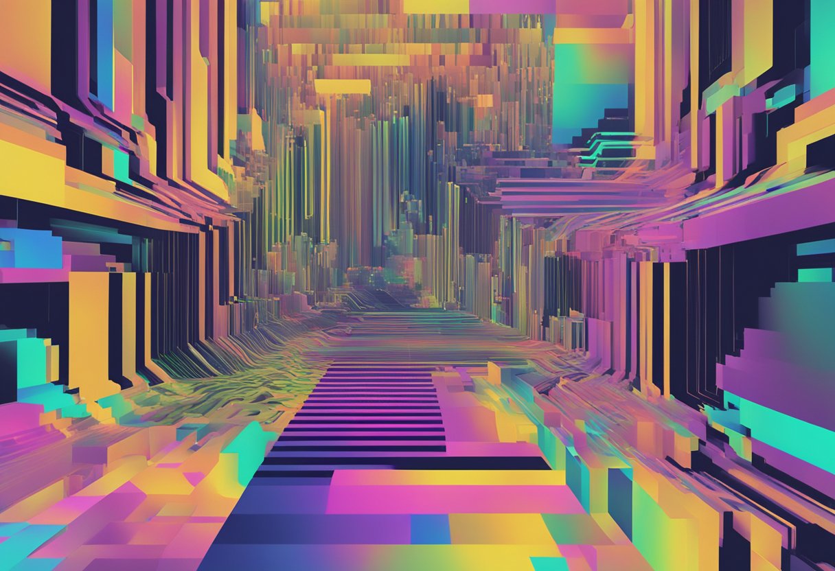An illustration of GPU artifacting: distorted graphics on a computer screen, with glitched pixels and visual anomalies