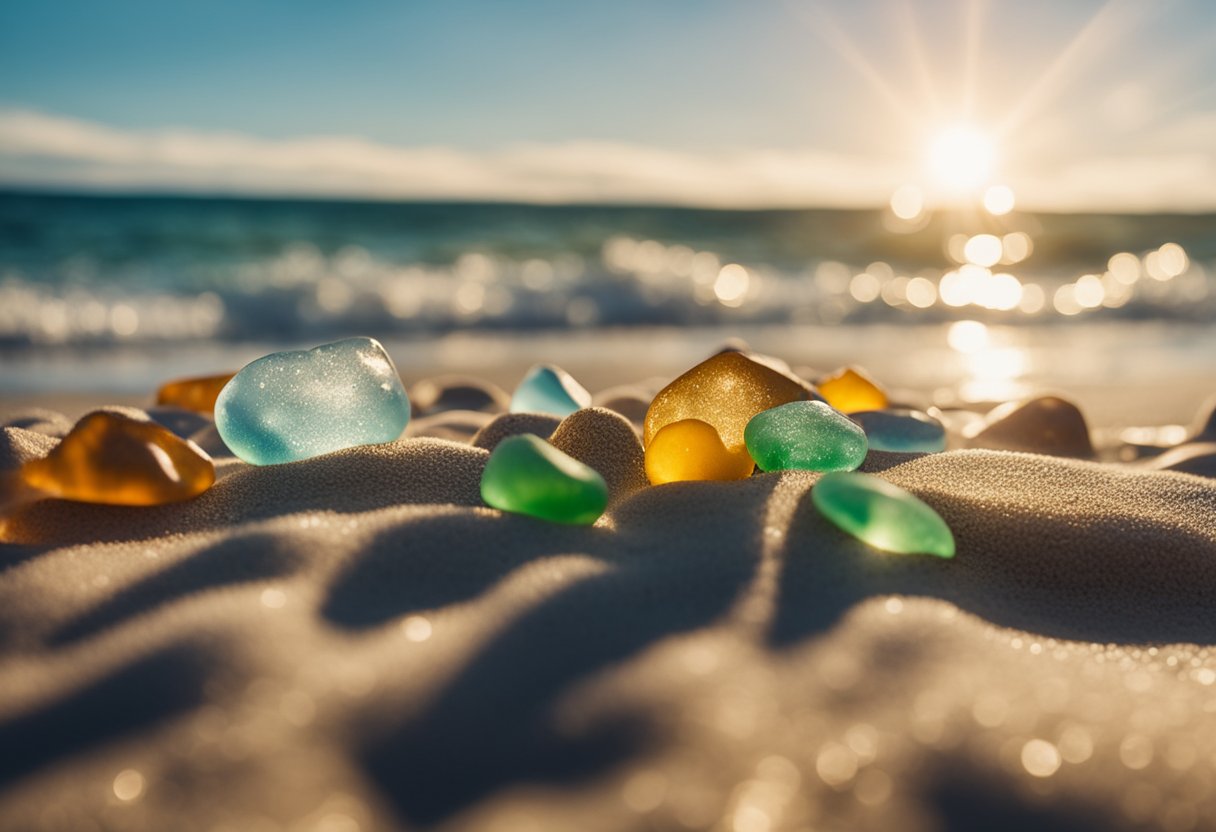 Sunlight glistens on the wet sand as waves crash against the shore, revealing colorful sea glass treasures. The sky is filled with billowing clouds, hinting at the changing tides and weather