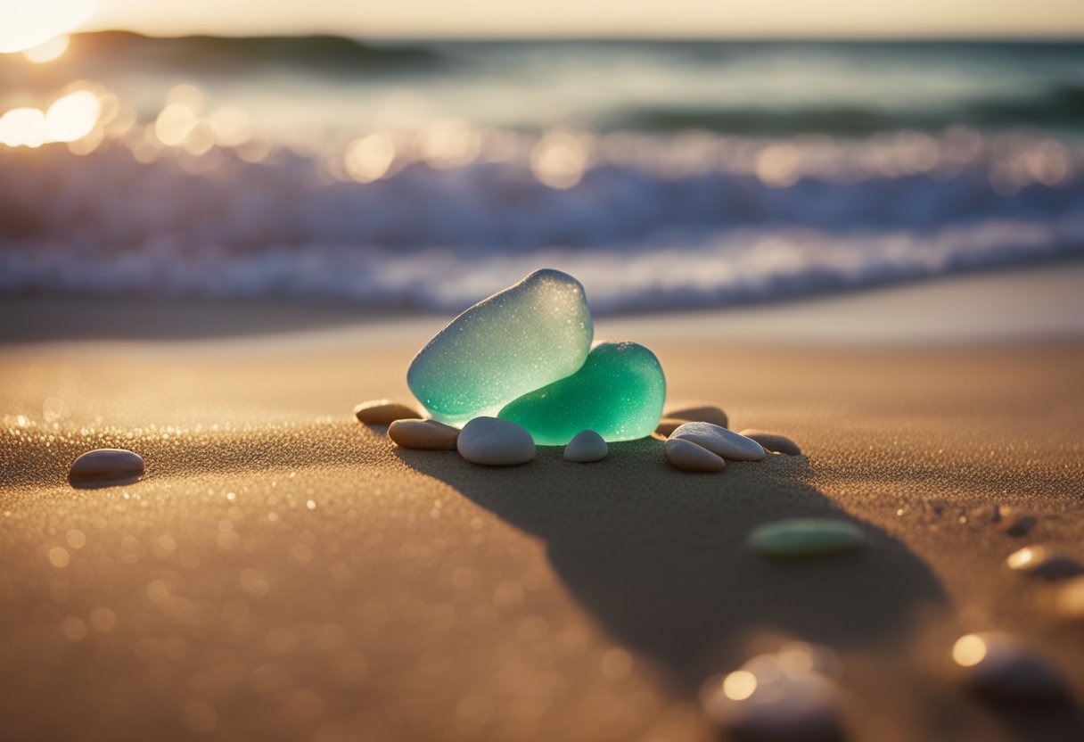 A beach at sunrise, waves gently rolling in, revealing colorful sea glass treasures scattered among the sand and rocks
