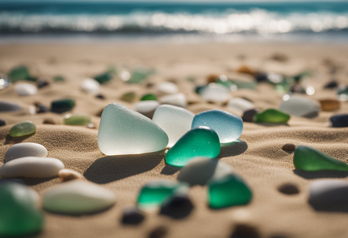 Sea glass scattered on sandy beach, with people engaged in trading and selling. Waves crashing in background