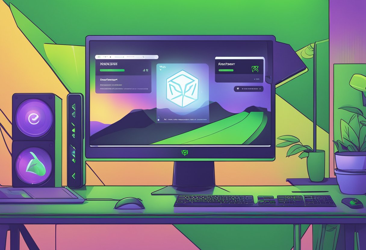 A computer screen displays the Razer Cortex website. A progress bar shows "Downloading" and "Installing" as the Razer Cortex game booster is being downloaded