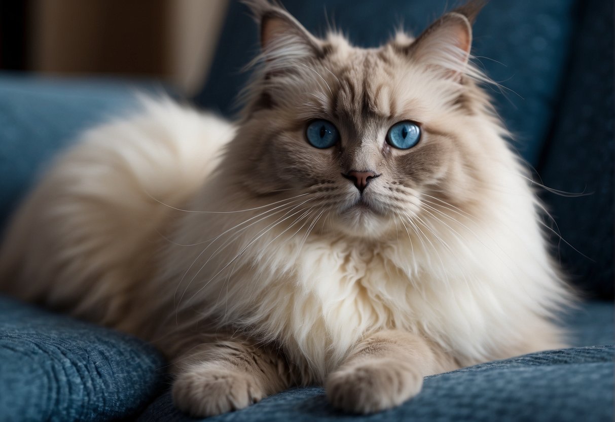 A fluffy ragdoll cat sits on a velvet cushion, with big blue eyes and a soft, flowing coat. Its gentle expression conveys a sense of calm and tranquility