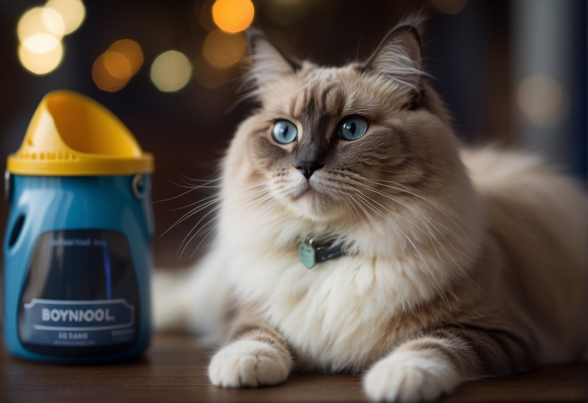 A ragdoll cat sits next to a price tag, with a question mark above its head