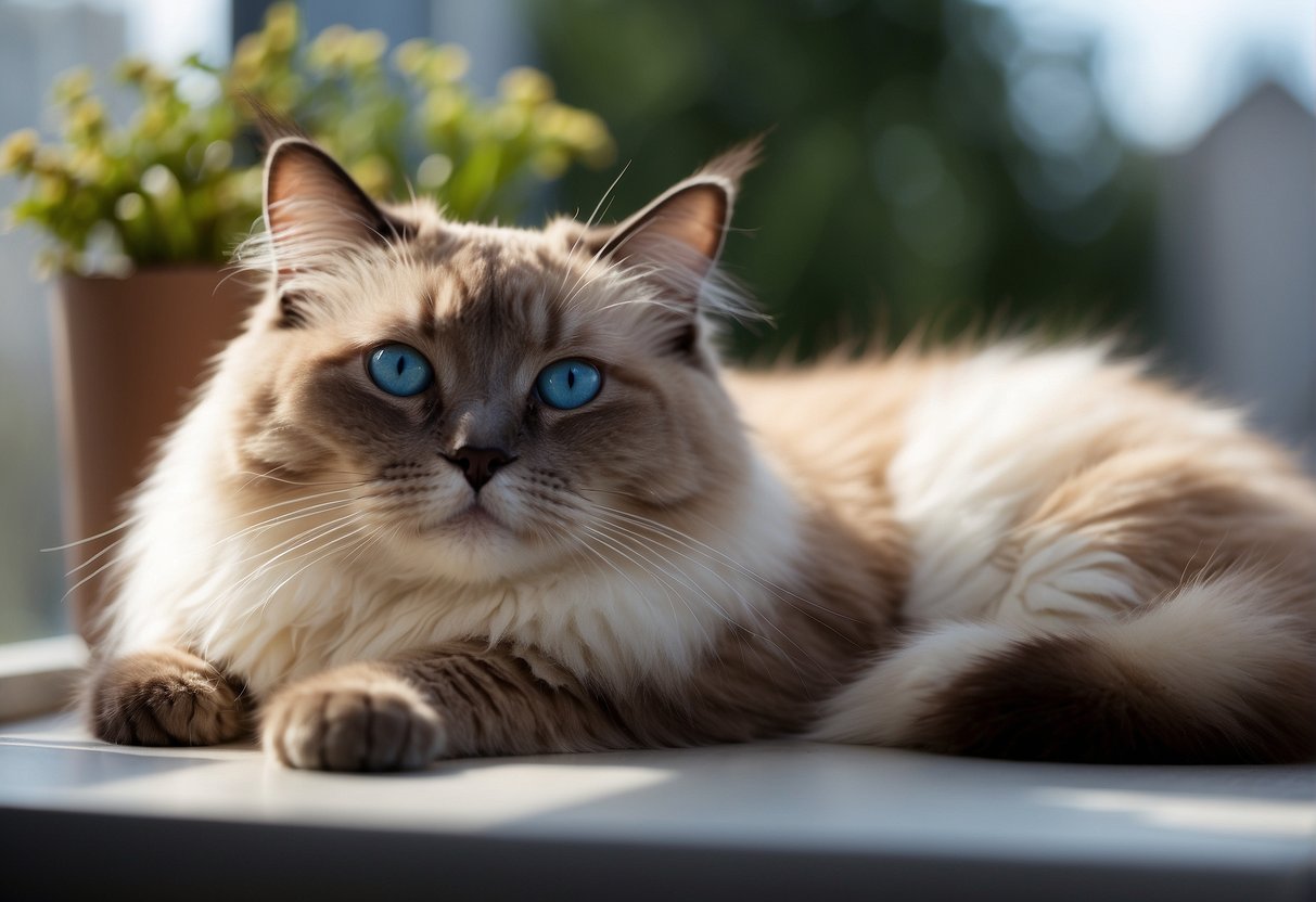 A fluffy ragdoll cat lounges on a cozy window perch, gazing out at the world with tranquil blue eyes. A plush bed and toys are nearby, along with a bowl of fresh water and a plate of gourmet cat food