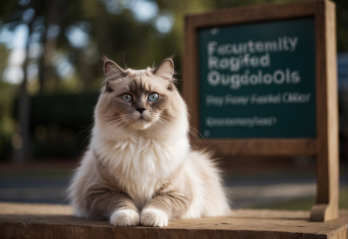 A ragdoll cat sits beside a sign that reads "Frequently Asked Questions: How much is a ragdoll cat?" with a curious expression on its face