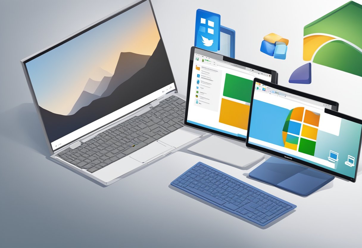 A computer screen displays the Microsoft website. A cursor clicks on the "Download Windows 11" button. The progress bar fills as the disk image ISO file is downloaded