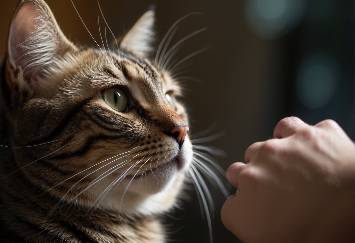 A cat headbutts, rubbing its head against a person or object to show affection or mark territory