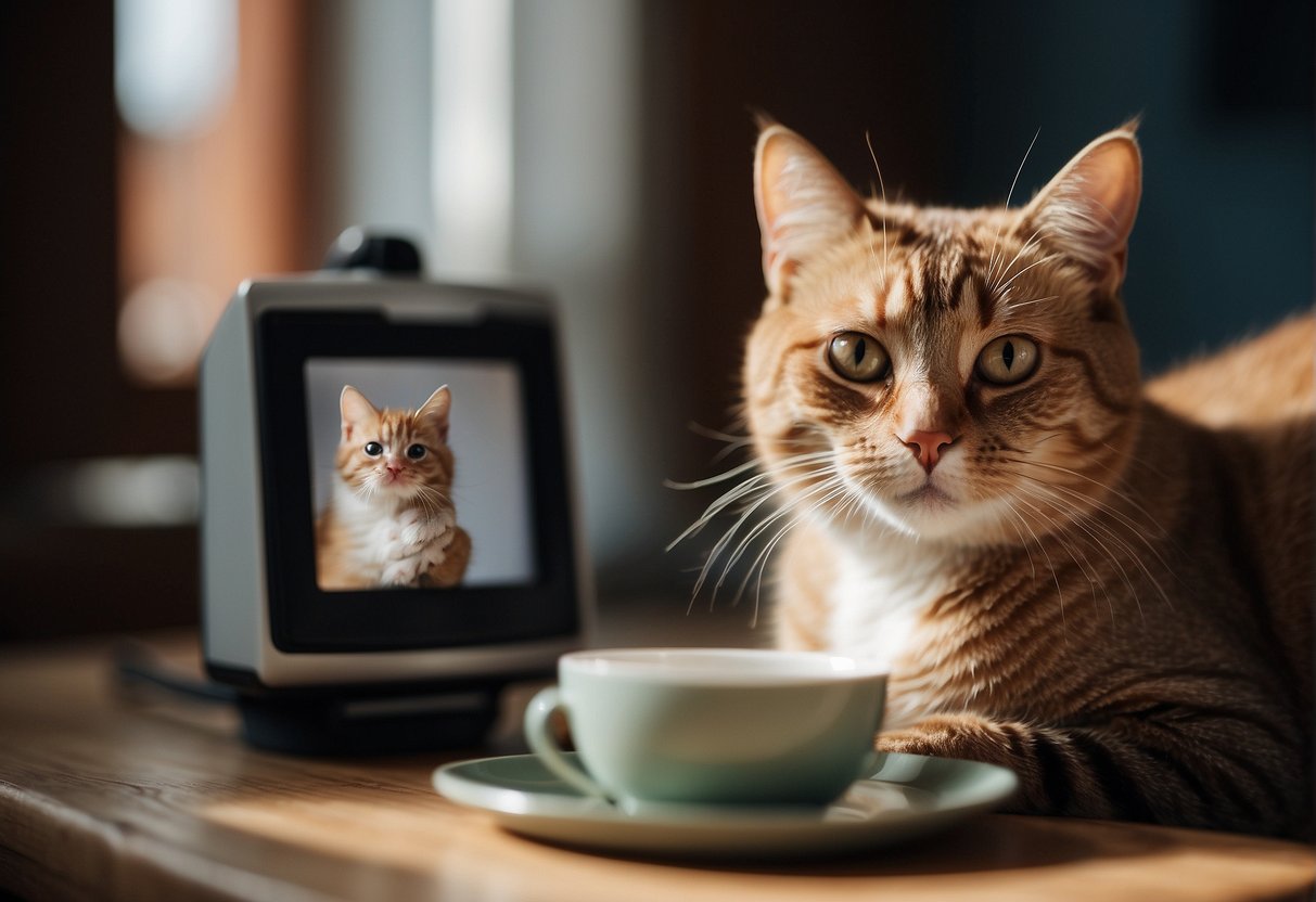 A cat sitting by a familiar scent, looking at a photo of their owner with a thoughtful expression