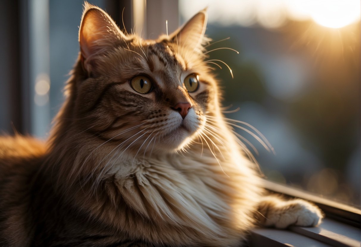 A cat sitting on a windowsill, looking out at the sunset with a thoughtful expression