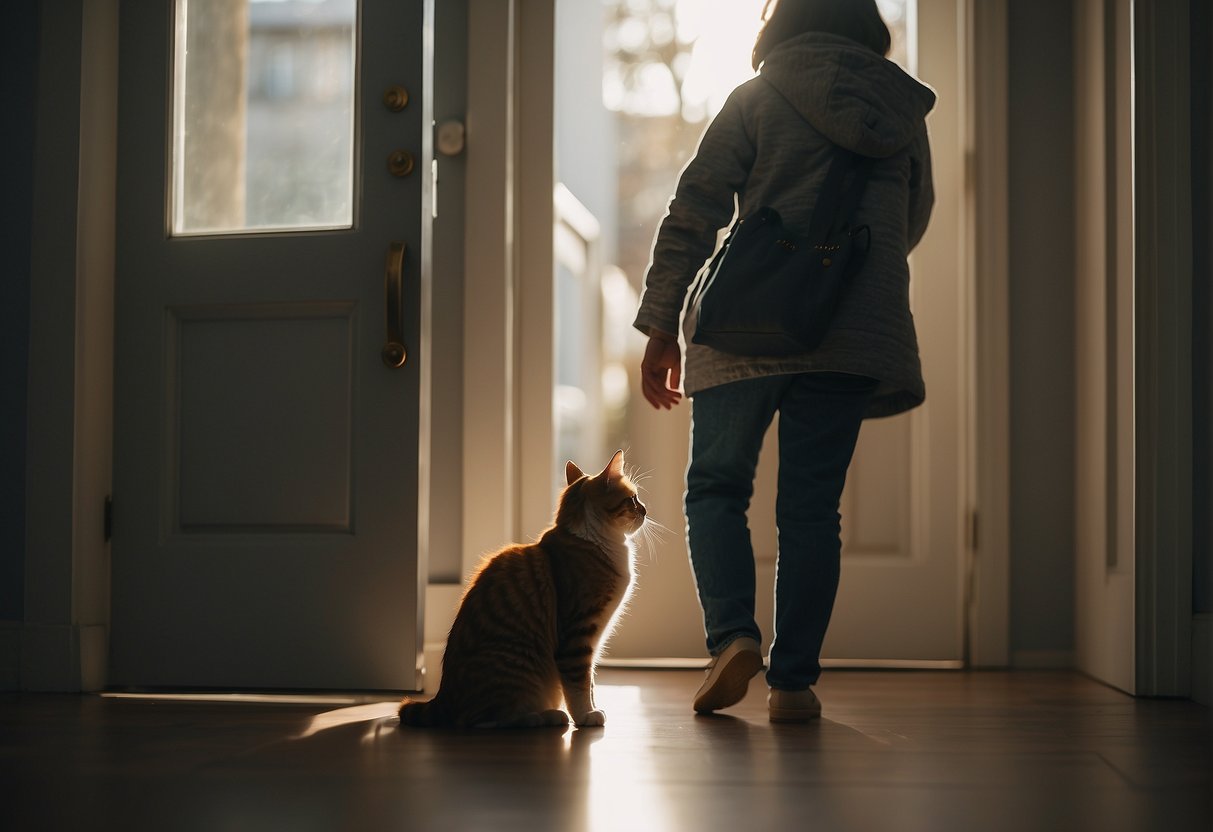 A person returns to find their cat waiting eagerly at the door, meowing and rubbing against their legs. The cat's eyes light up with recognition and joy as they are reunited after a month apart