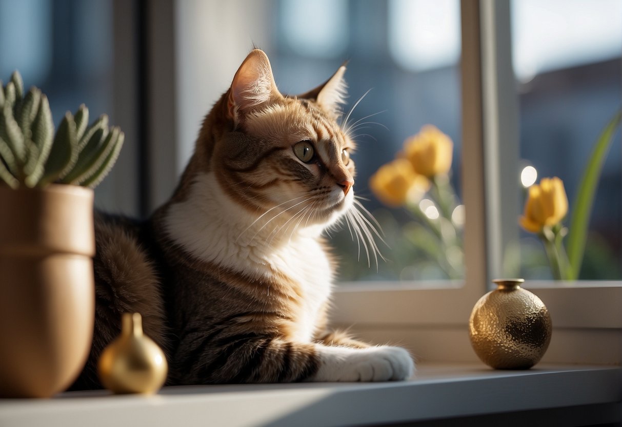 A cat sitting on a windowsill, looking out at the world with a thoughtful expression, surrounded by familiar objects and scents