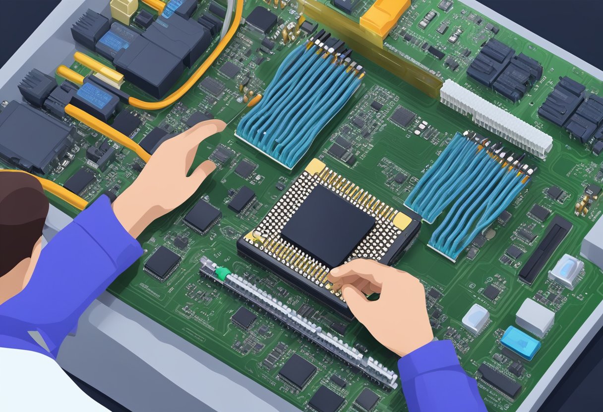 A computer technician adjusts RAM and DRAM frequency settings on a motherboard using a screwdriver and a small switch