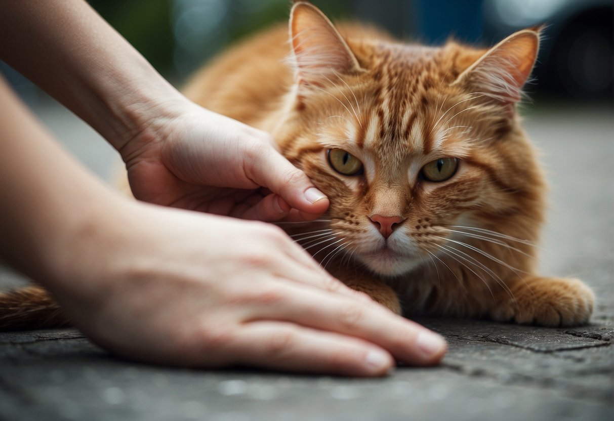 A cat headbutts a person's leg, rubbing its face affectionately