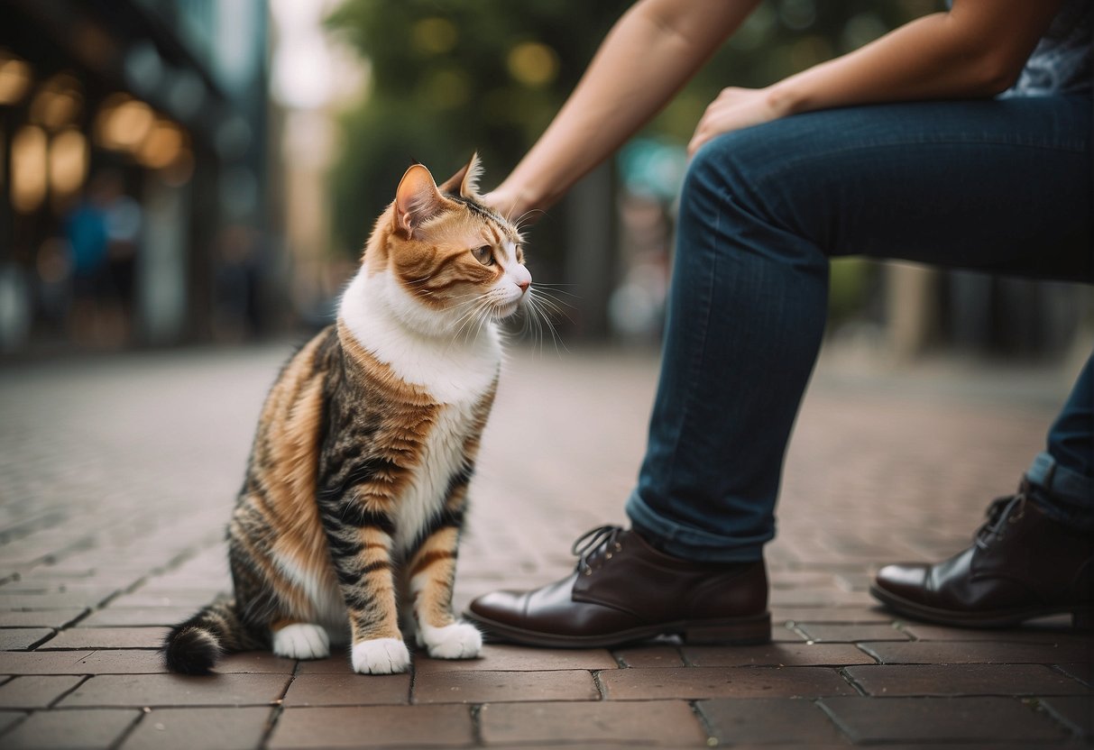 A cat headbutts a person's leg, showing affection and seeking attention