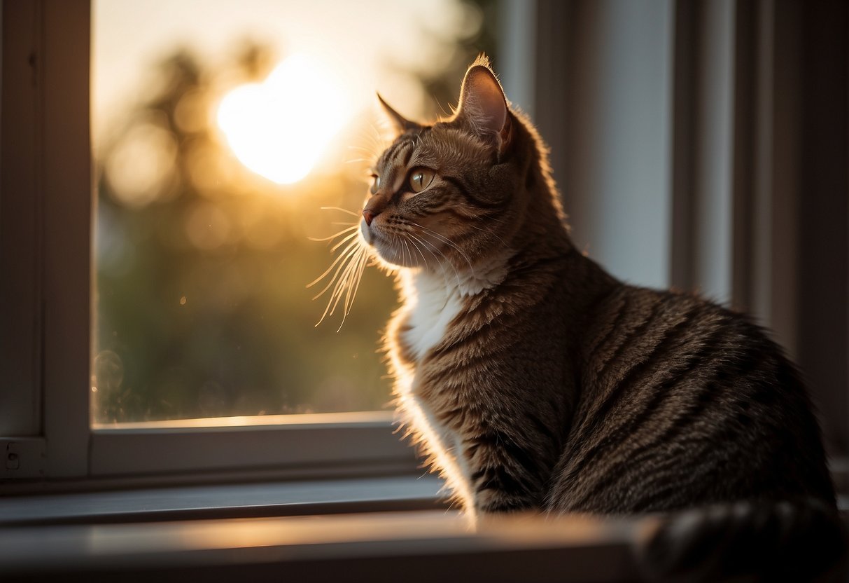 A cat sitting by a window, looking out with a pensive expression, as the sun sets in the background
