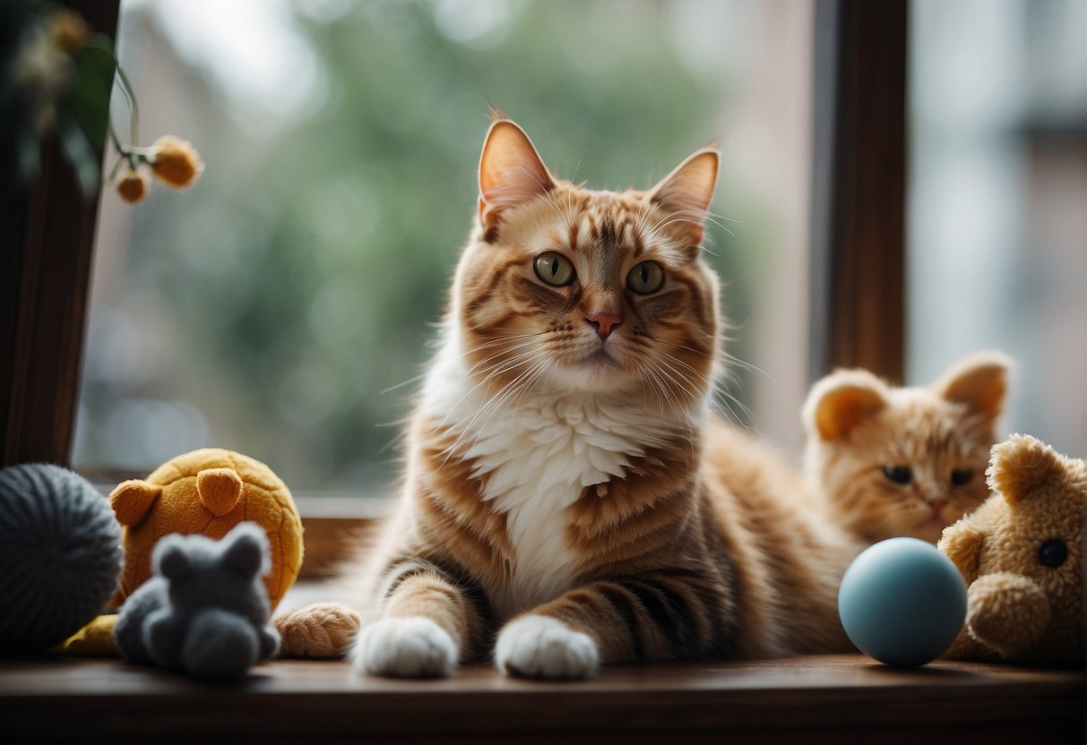 A cat sitting on a cozy window sill, gazing out at the world with a thoughtful expression, surrounded by toys and familiar scents