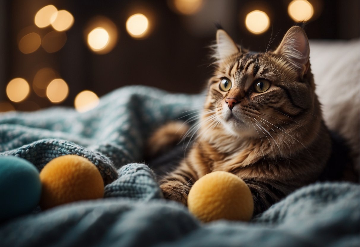 A cat snuggled up to its owner's familiar scent on a well-loved blanket, surrounded by toys and a cozy bed