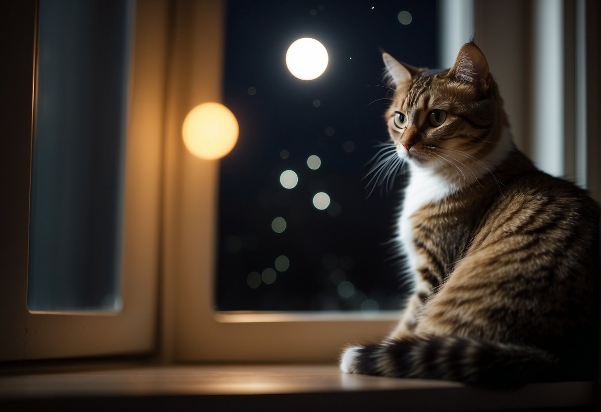 A cat sitting alone on a windowsill, gazing out at the moonlit night with a wistful expression