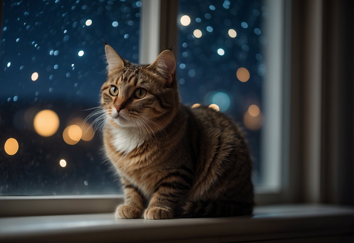 A cat sitting on a windowsill, looking out at the moonlit night sky with a wistful expression