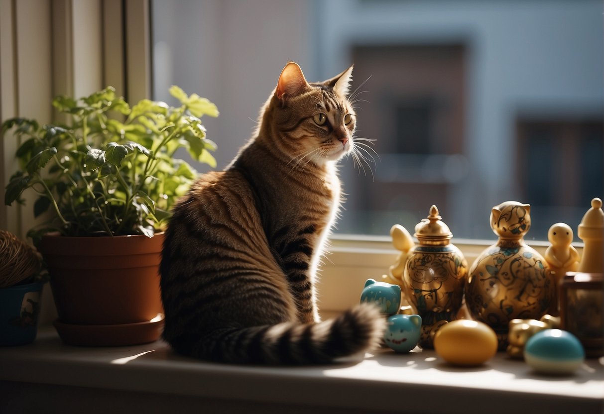 A cat sitting on a windowsill, gazing out at the world with a pensive expression, surrounded by familiar toys and objects from its home