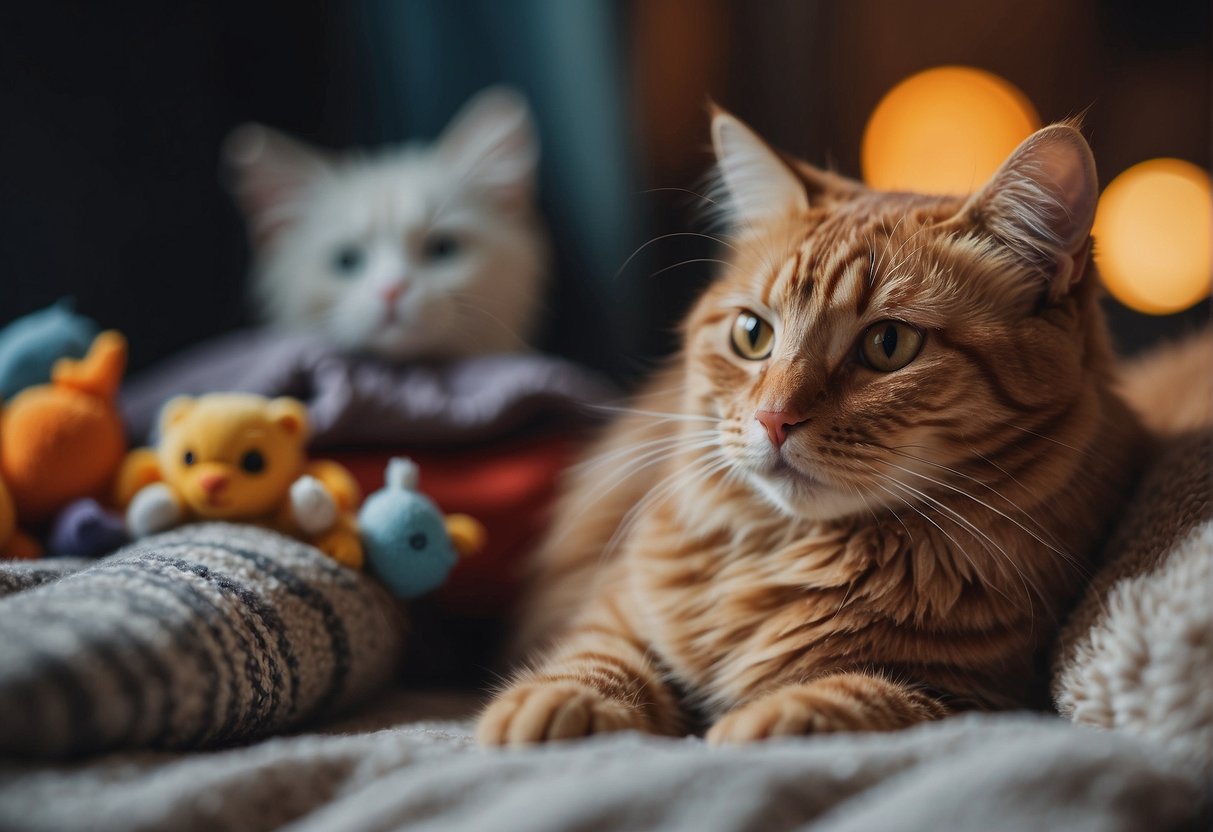 A cat snuggles next to a photo of its owner, surrounded by familiar toys and a cozy bed