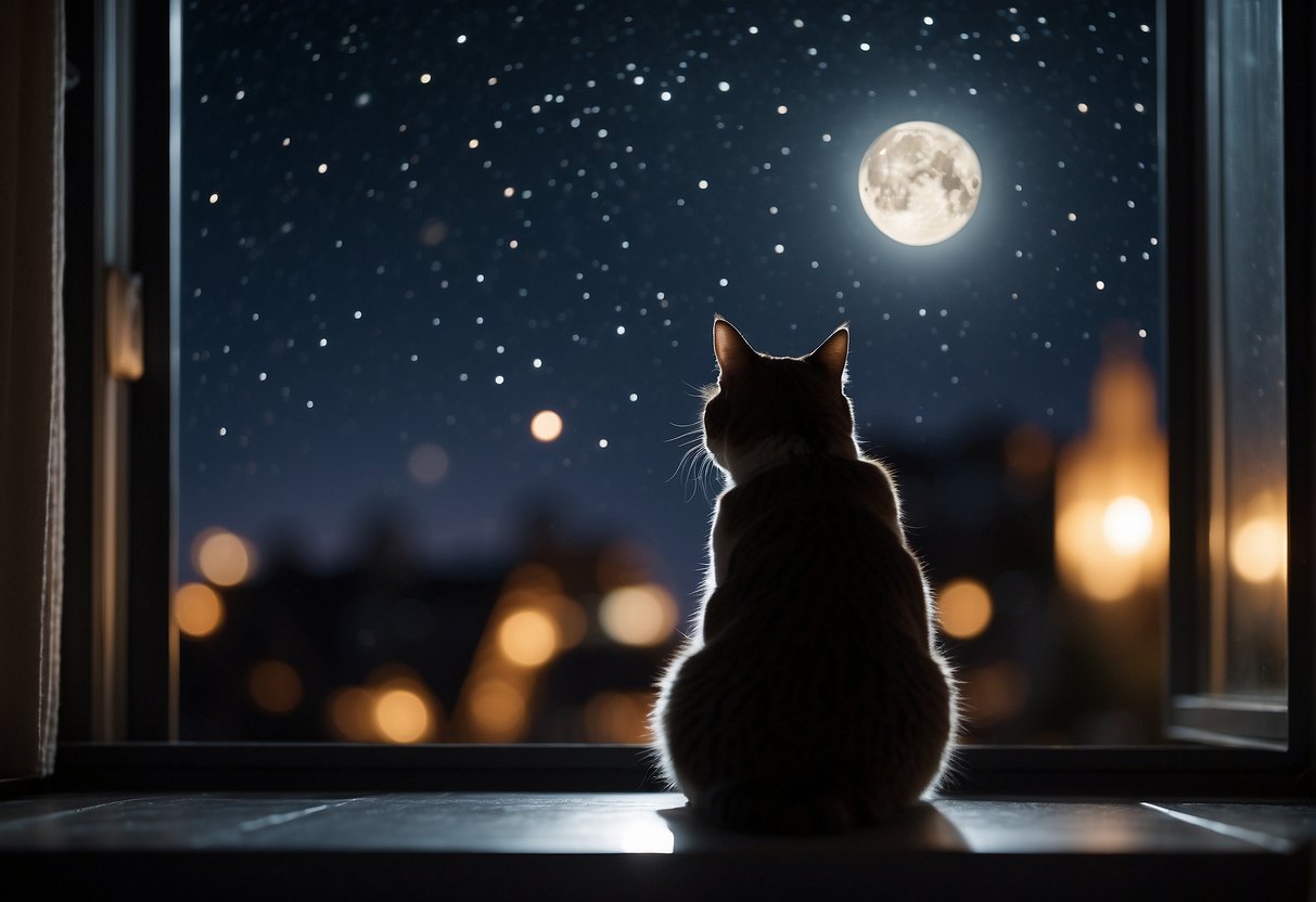 A cat sitting on a windowsill, staring out at the moonlit night, with a faint silhouette of a person in the distance
