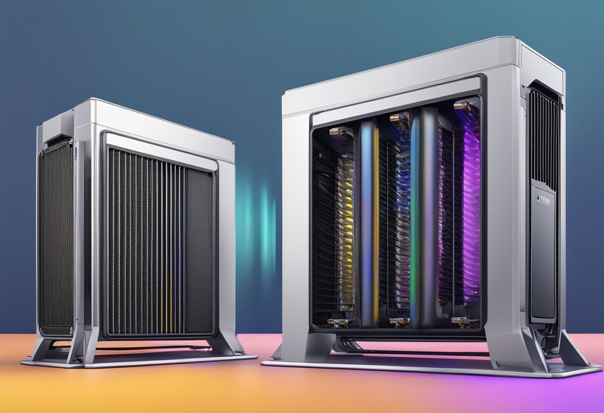 Two CPU coolers side by side, one with dual towers and the other with a single tower. Heat pipes and fans visible
