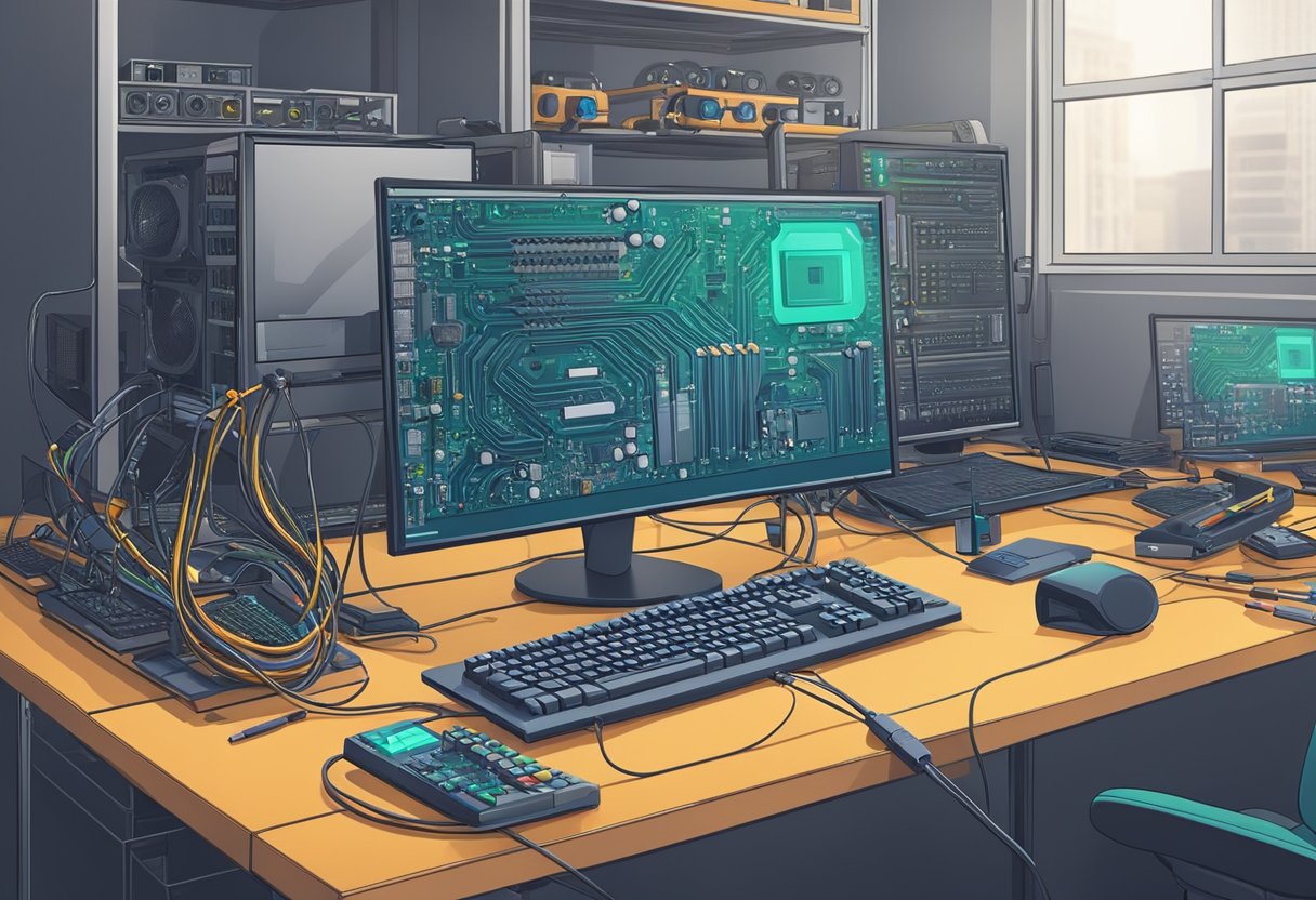 Motherboard placed on workbench, cables connected, monitor not displaying. Technician inspecting connections and troubleshooting with tools and equipment nearby