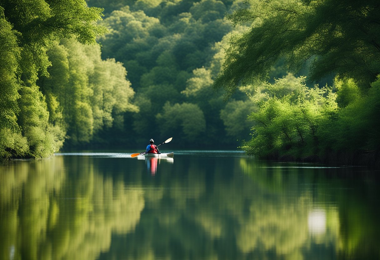 A serene river with calm waters and lush greenery on the banks. A kayaker peacefully glides through the water, enjoying the tranquility