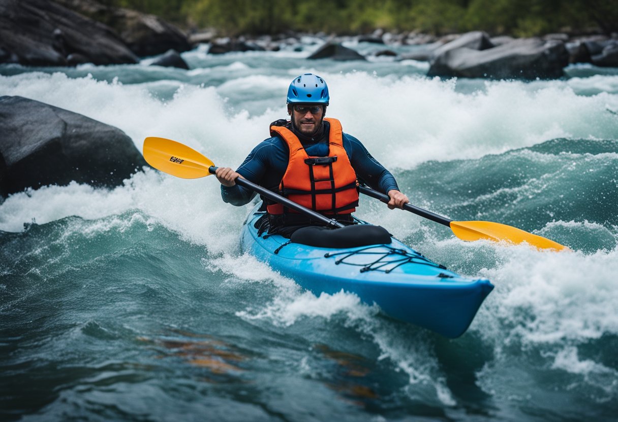 A kayak navigating through rough waters, facing challenges of rapids and obstacles. Considerations of safety and skill in the midst of nature's beauty