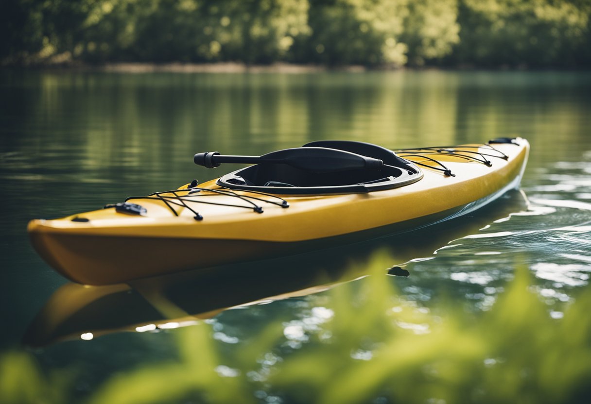 A kayak on calm water with serene surroundings, showcasing the tranquility and peacefulness of the activity