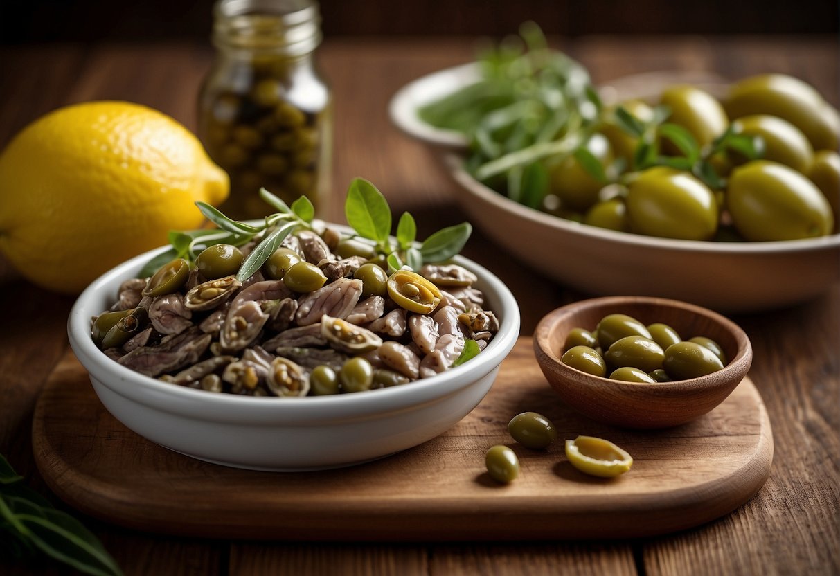 A can of anchovy paste sits next to a bowl of olives and a jar of capers on a wooden cutting board. The ingredients are surrounded by fresh herbs and a lemon, ready to be used in a recipe