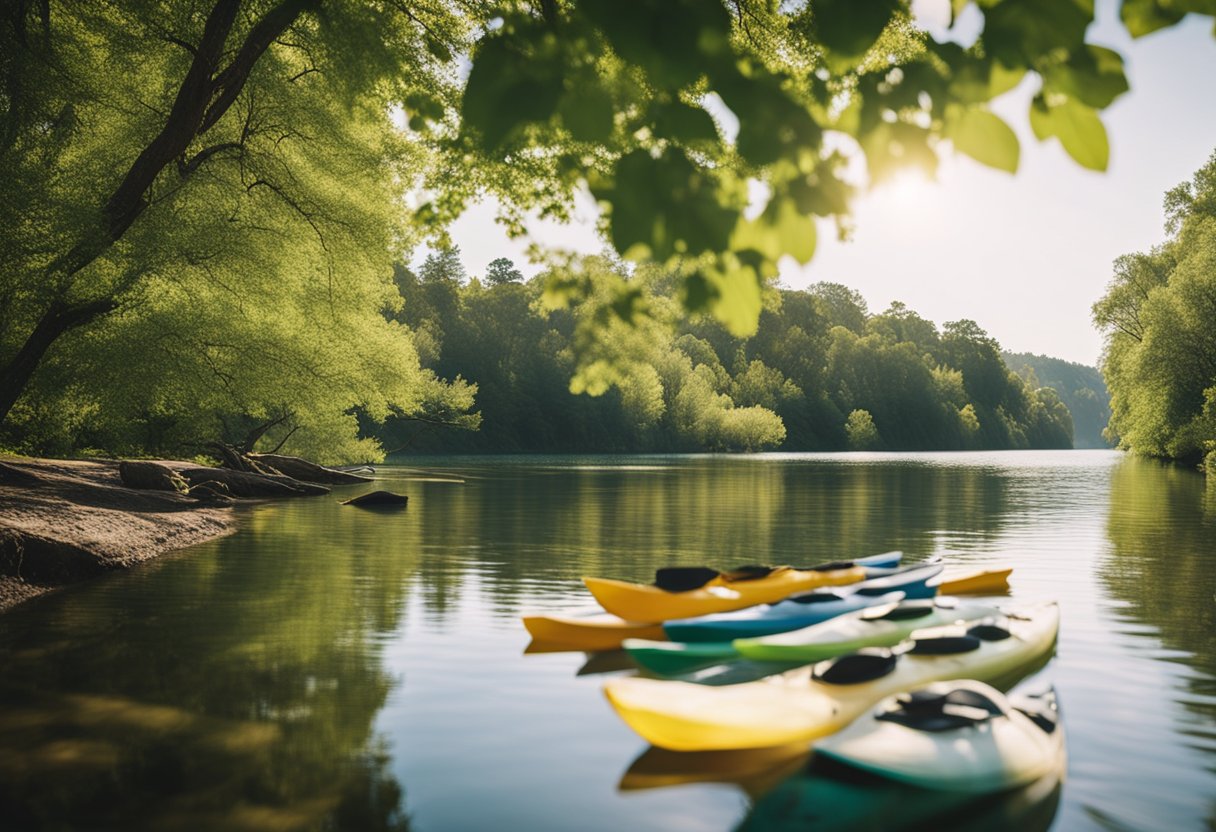 A calm river winding through a lush, green landscape. Kayaks lined up on the shore, ready to launch. Bright, sunny skies overhead