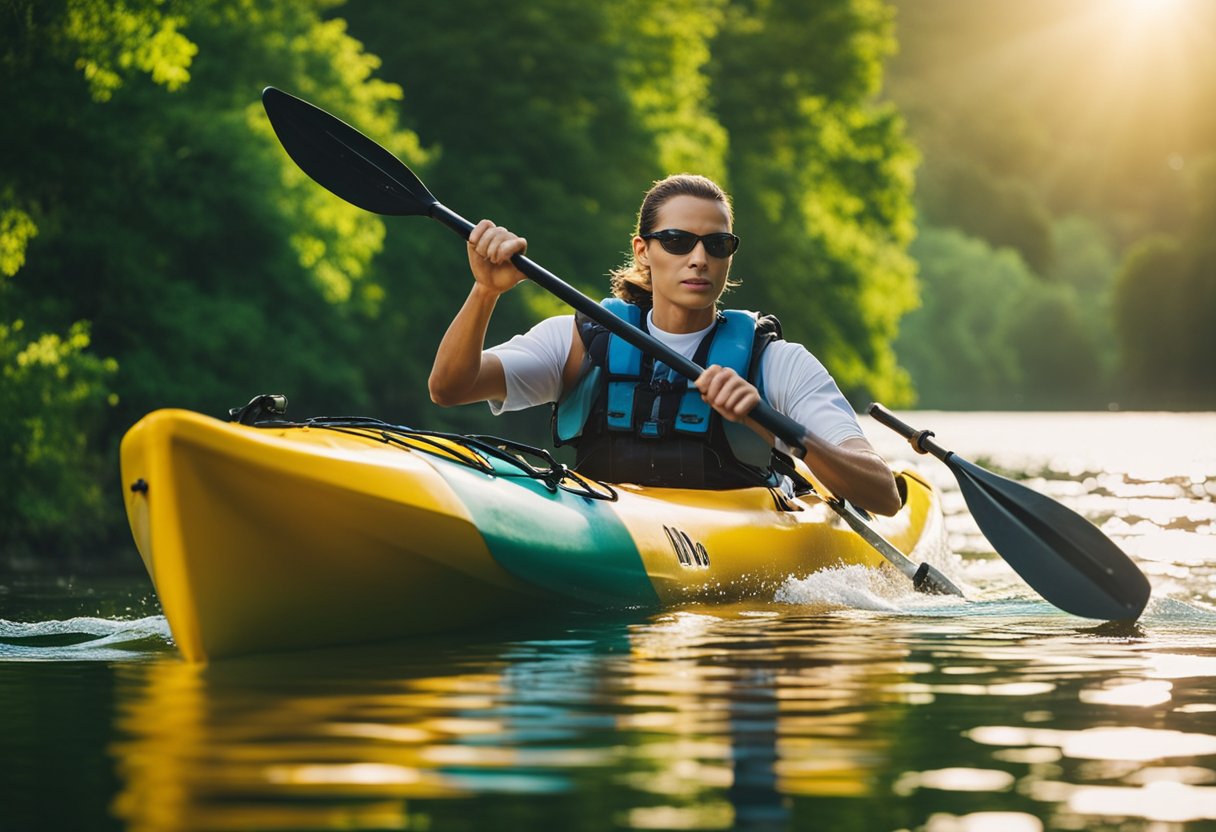 Kayak on calm water, surrounded by lush greenery. Sun shining, birds chirping. Calendar with "Kayaking Season Start" marked