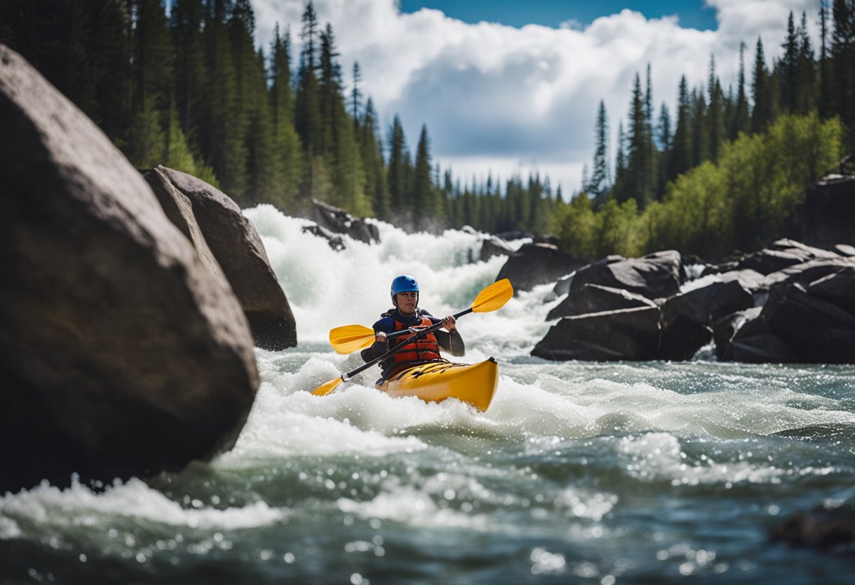 A kayak glides through rushing river waters, navigating around rocks and through rapids. The water splashes and churns as the kayak maneuvers through the dynamic environment