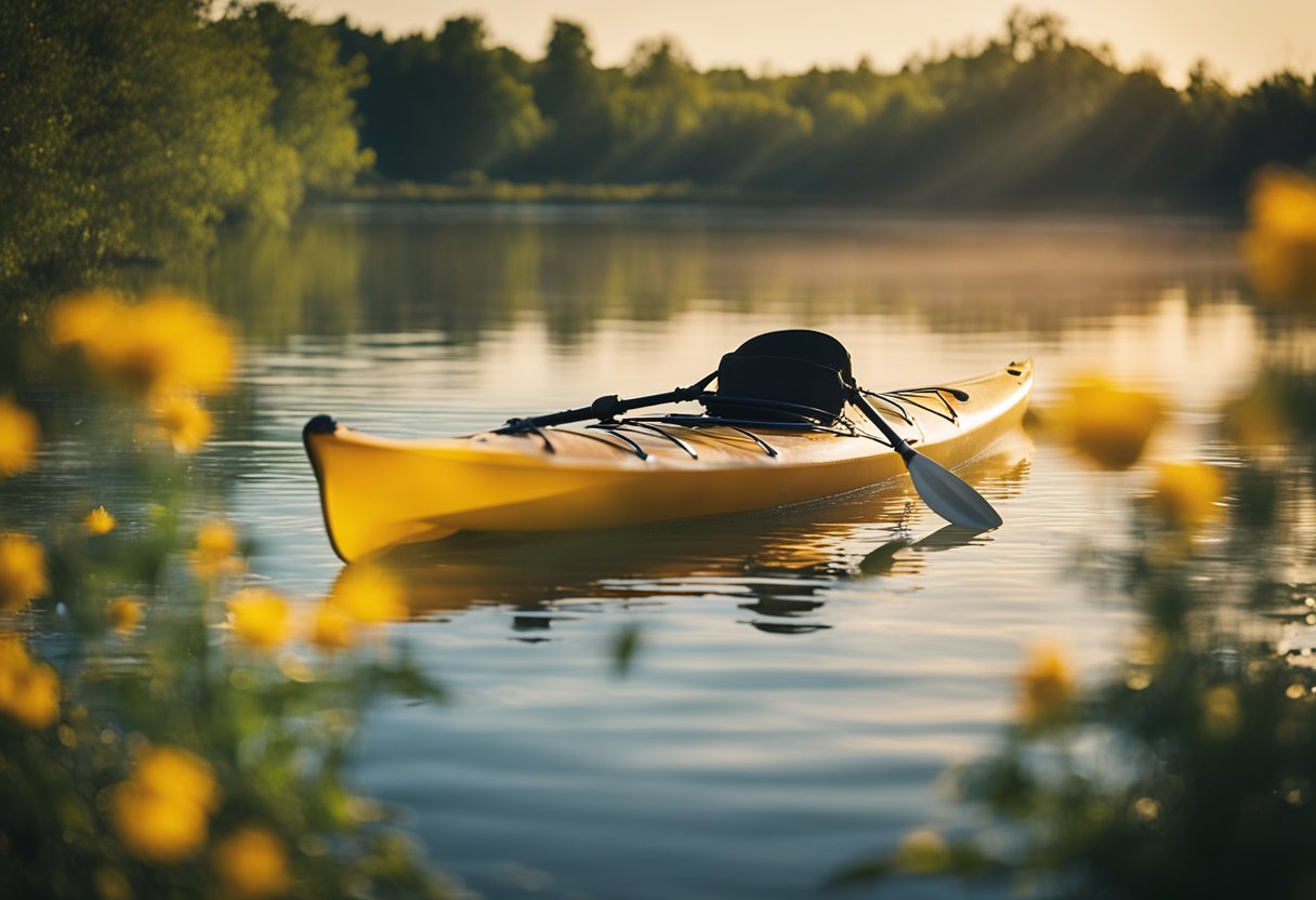 A kayak sits on the shore, surrounded by blooming wildflowers and a clear, calm river. The sun shines brightly in the sky, indicating the start of the kayaking season